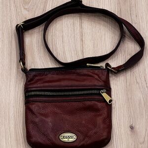 Fossil Authentic Dark Brown Leather Mini Crossbody Double Zip w/ Brass Hardware